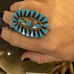 Vintage Womens Zuni Cluster Turquoise Sterling Silver sz 8.5